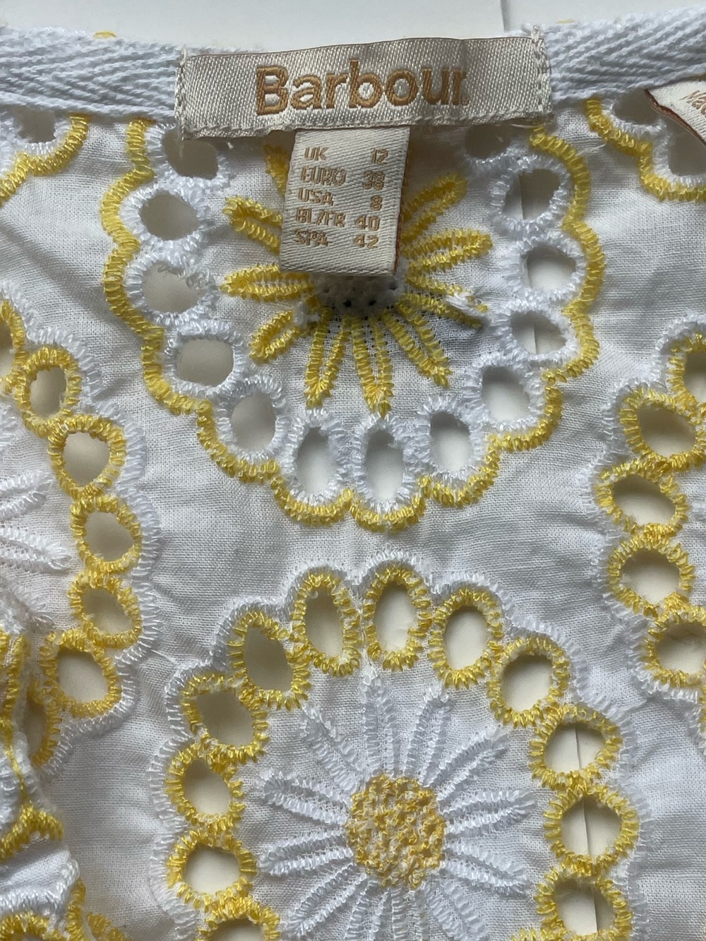 Barbour White Yellow Eyelet Embroidered Midi Dress Floral Cottagecore Boho US 8 - Picture 5 of 13